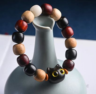 Small Leaf Red Sandalwood Bracelet Cute Cat Engraved Ebony Wood Protection Bracelet