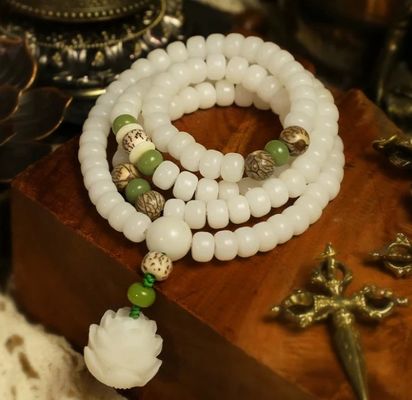 White Jade Bodhi Lotus Mala Necklace Bracelet 6x8mm 7x9mm 8x8mm 8x10mm