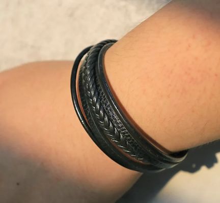 Natural Lava Rock Black Onyx Bead Leather Bracelet
