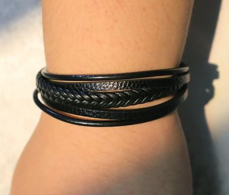 Natural Lava Rock Black Onyx Bead Leather Bracelet