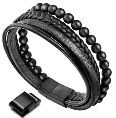 Natural Lava Rock Black Onyx Bead Leather Bracelet