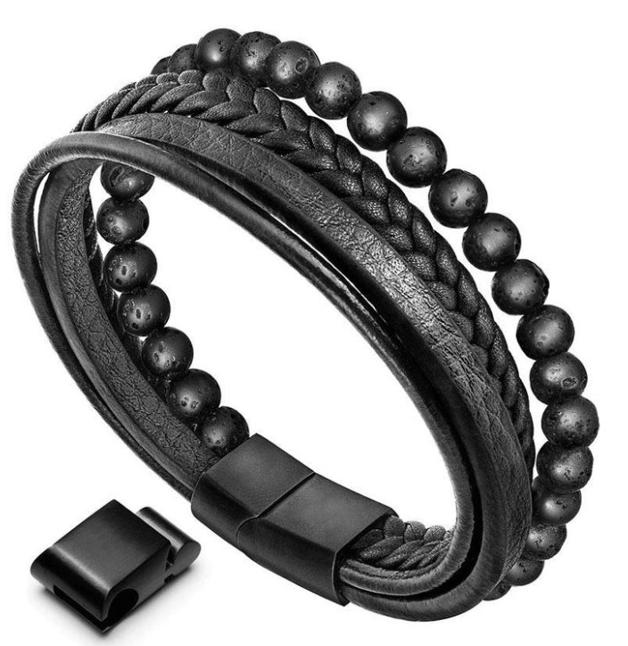 Natural Lava Rock Black Onyx Bead Leather Bracelet